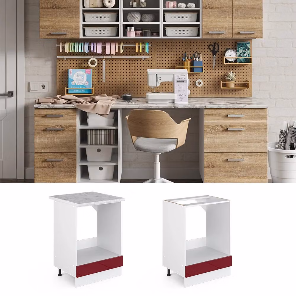 Base universale R-Line Vicco con piano di lavoro, colore Bordeaux lucido, Larghezza: 60 cm – 2