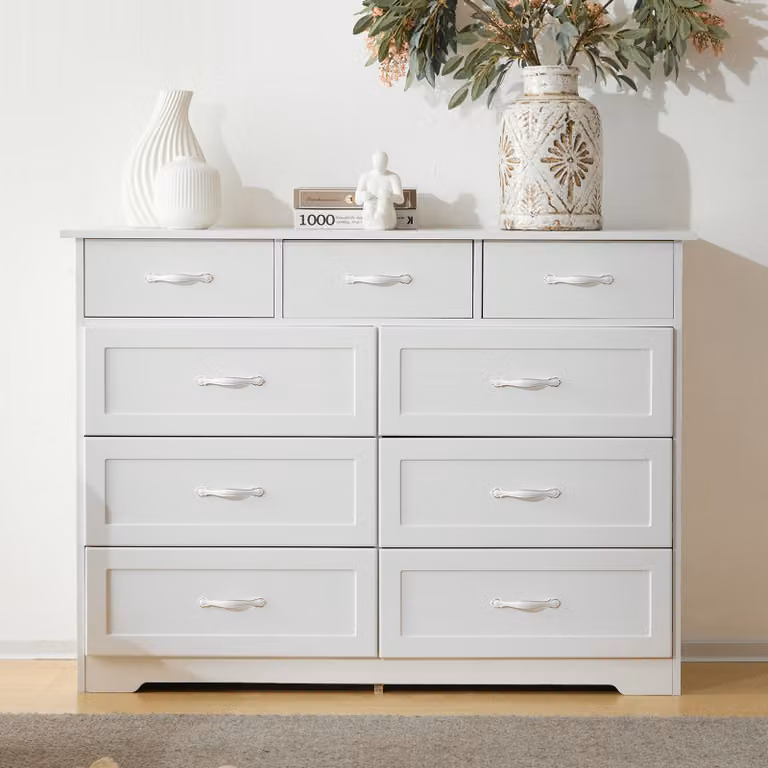 Cassettiera AIORBER, con maniglie in metallo, robusta, 9 cassetti, molto spazio, credenza, con protezione antiribaltamento, per camera da letto, soggiorno, 120x40x88cm, bianco