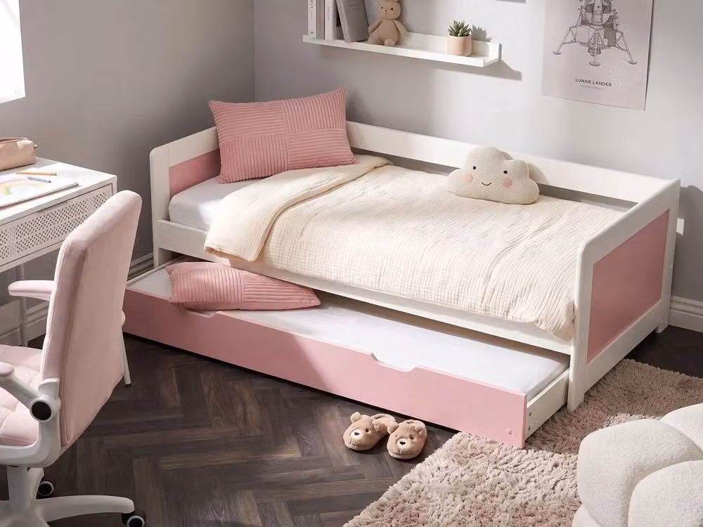 Letto a castello Beliani per bambini in legno di pino rosa e bianco con struttura a casetta e letto estraibile L/P/H: 206 x 90 x 160 cm – 2