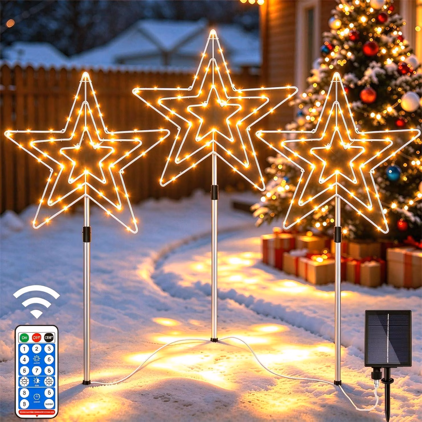 Set di 3 catene luminose a LED solari, 225 LED, 8 modalità, forma a stella, adatte per l'uso invernale