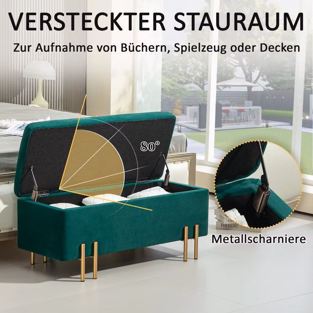 Panca contenitore OKWISH in poliestere verde con piedi in metallo, L 100 x P 40 x H 42 cm – 2