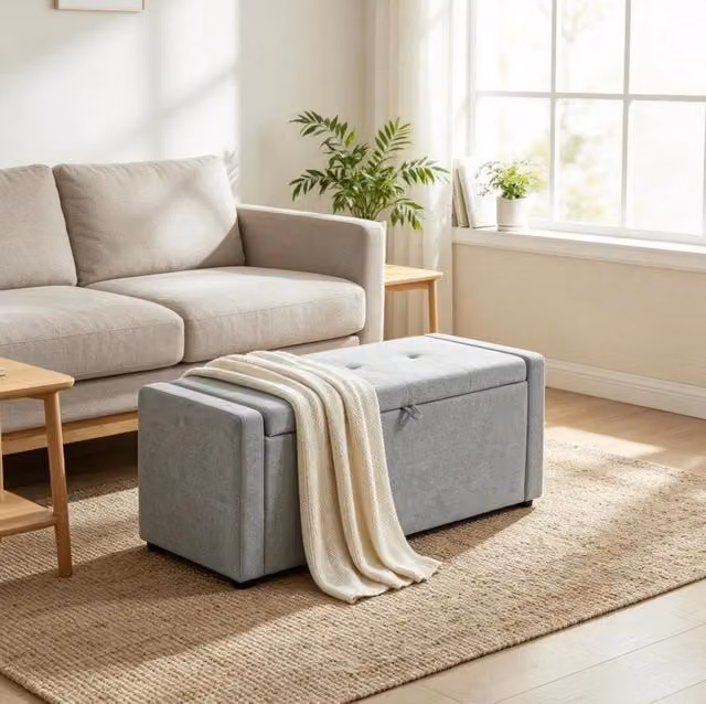 Panca contenitore grigio chiaro 122 cm in lino con seduta imbottita