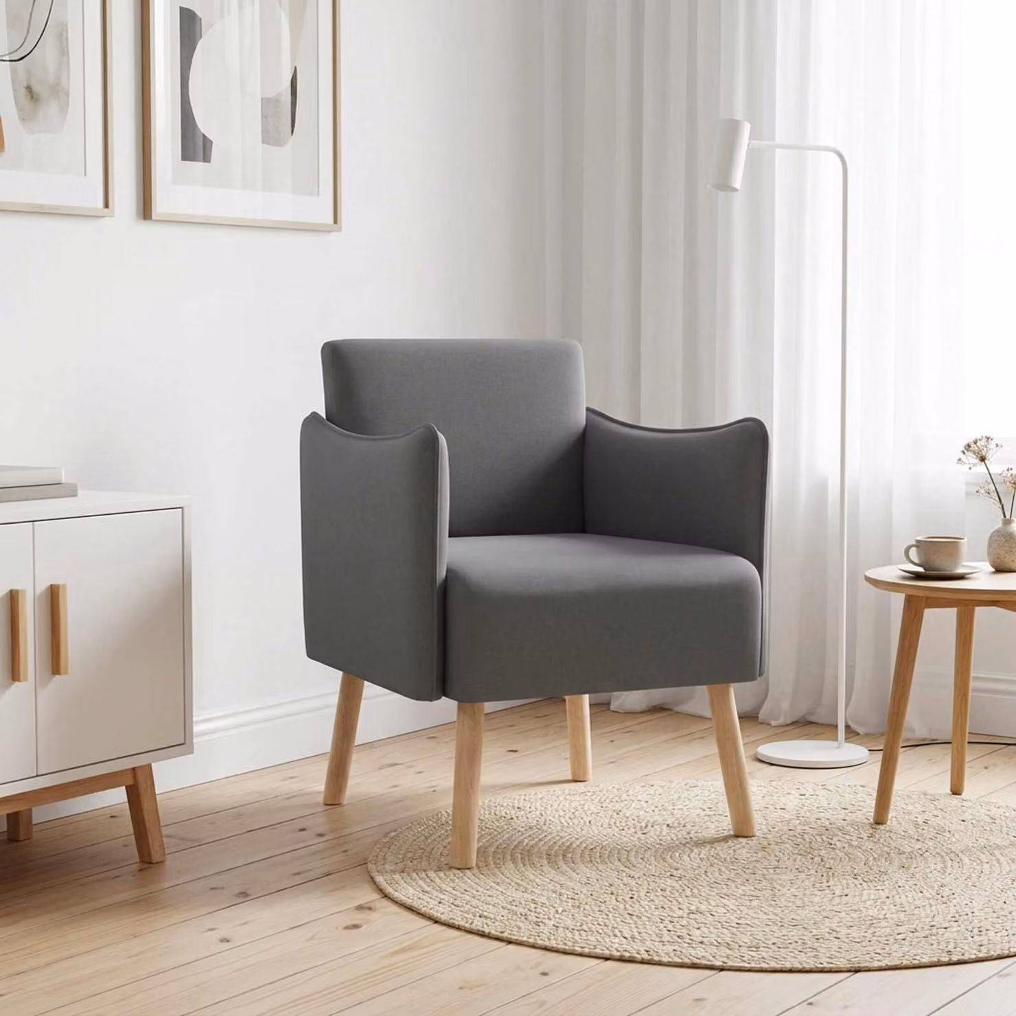 Sedia d'accento moderna vidaXL in tessuto grigio con braccioli e struttura in legno