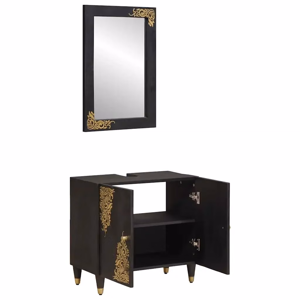Set di mobili da bagno vidaXL in legno di mango massello stile rustico, composto da mobile lavabo e armadietto con specchio, colore nero e oro – 2