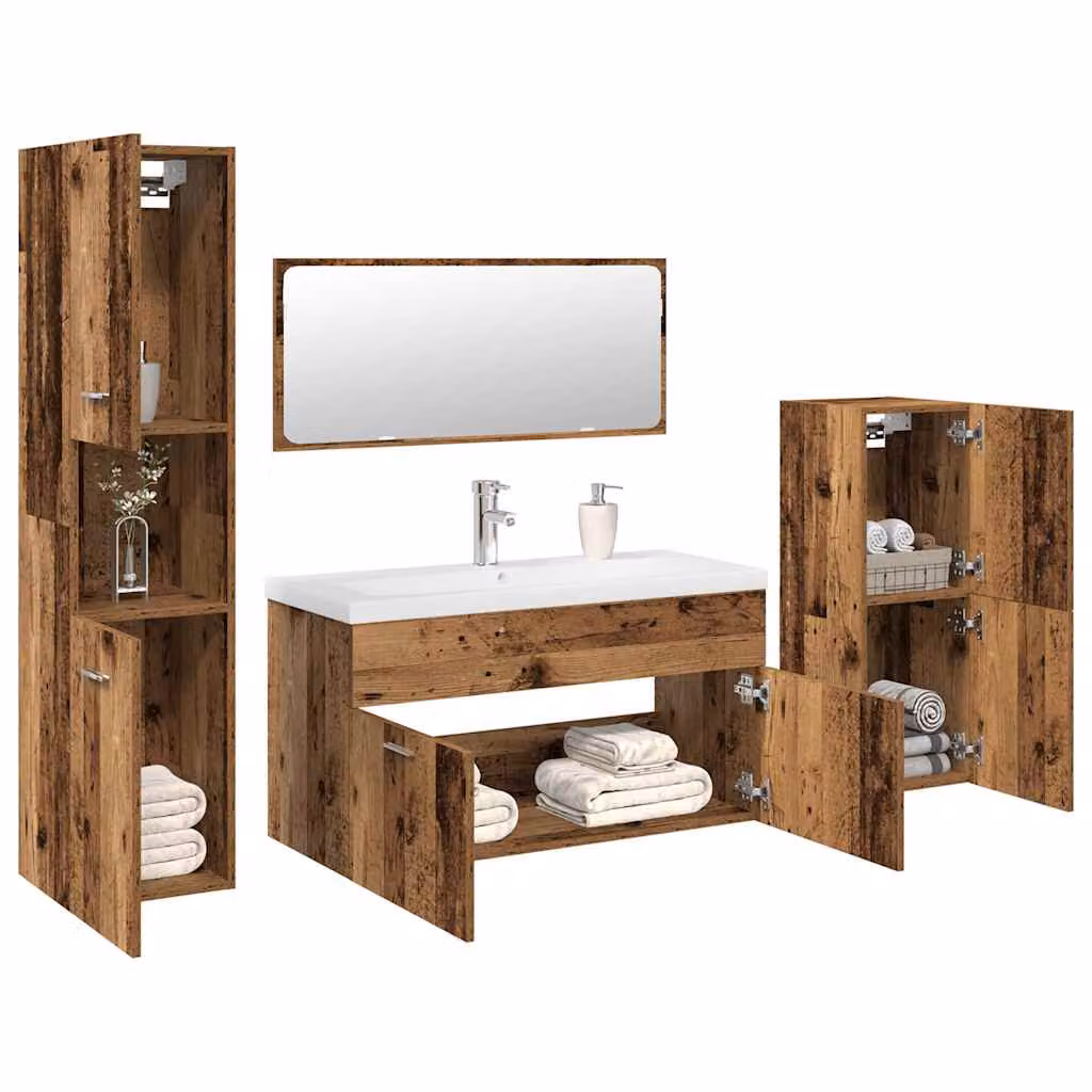 Set di mobili da bagno vidaXL in stile rustico composto da 5 pezzi in legno e vetro, colori marrone e bianco