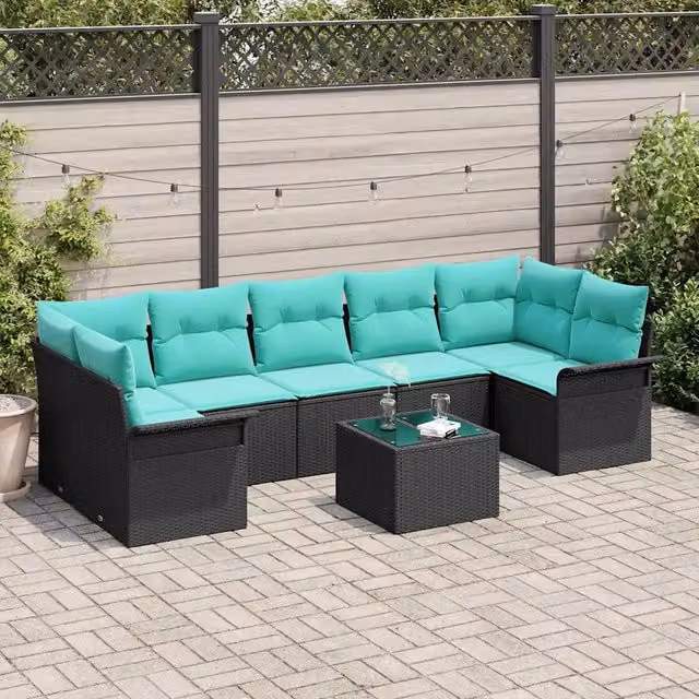 Set Divano da Giardino 8 pz Nero e Turchese polyrattan 3353955