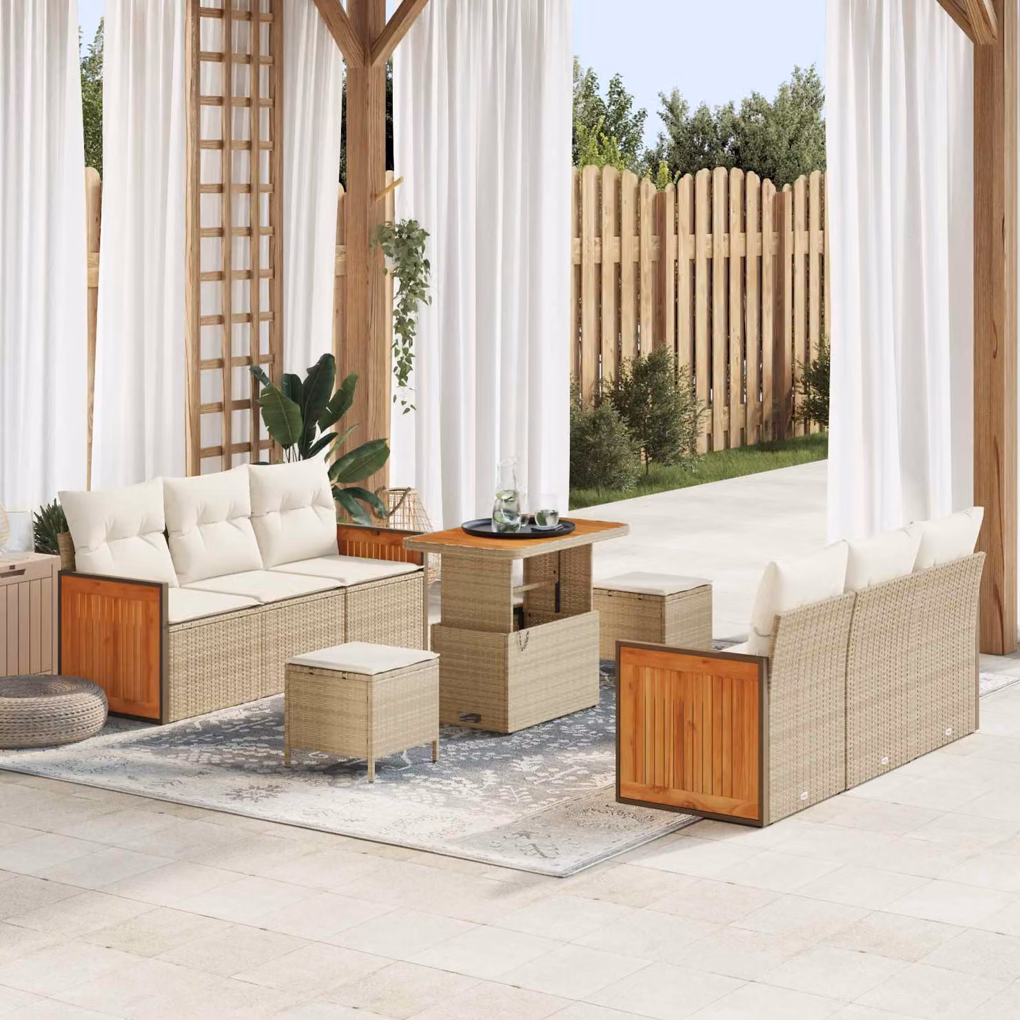 Set Divano da Giardino vidaXL 9 Pezzi a Forma di U con Tavolino e Pouf Beige e Bianco – 1