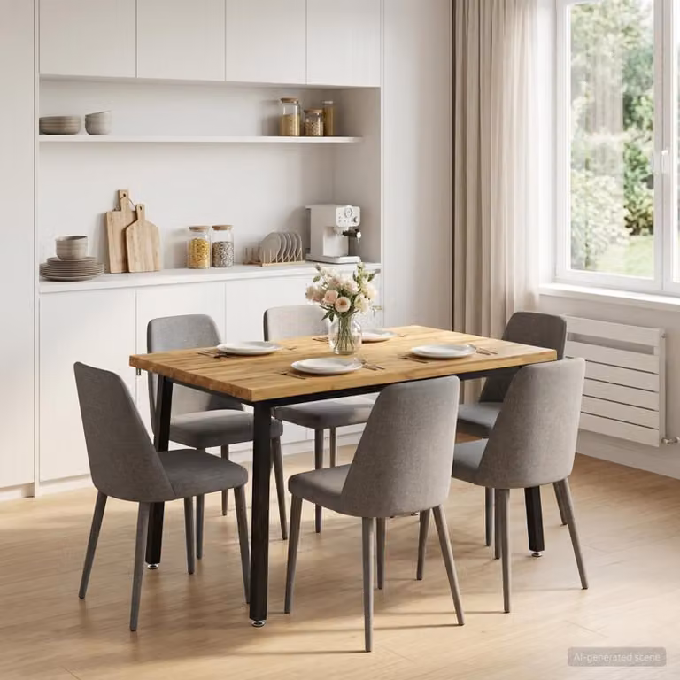 Tavolo da pranzo moderno vidaXL in legno di acacia con bordo naturale e struttura in metallo, Bianco e Nero, L: 120 cm, P: 70 cm, H: 75 cm