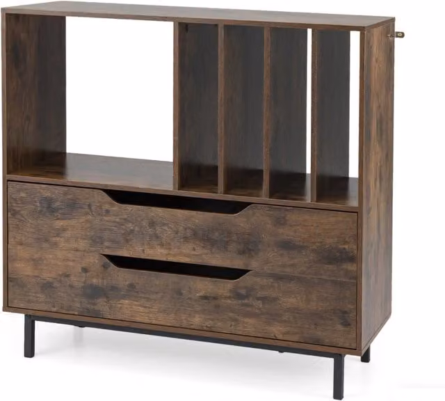 Supporto per giradischi mid-century marrone con 4 ripiani per vinili e 2 cassetti in legno e metallo