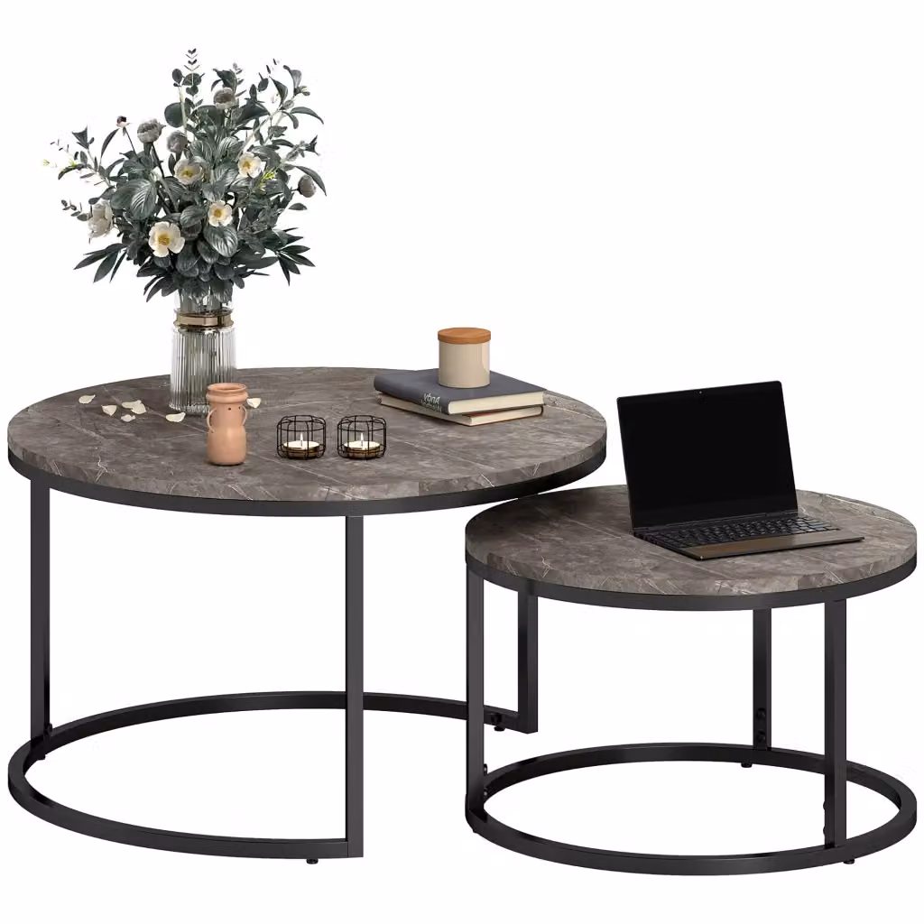 Set di 2 tavolini da caffè impilabili Xylo con design industriale, piano effetto cemento e gambe in metallo grigio e nero – 2