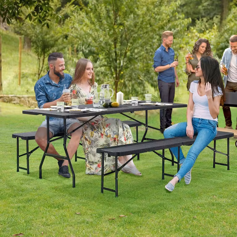 Juskys set tenda da birra Amberg 3 pezzi e pieghevole - 180 x 74 x 74 cm - 2 panche da birra e 1 tavolo da birra in rattan set di mobili da giardino set di tensostrutture