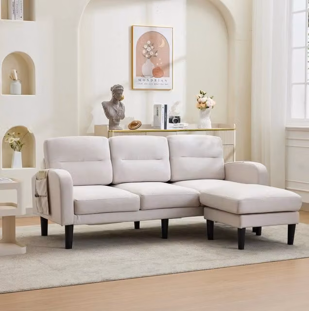 Divano angolare a L 204x136x80 cm in tessuto beige, 3 posti, contenitore –