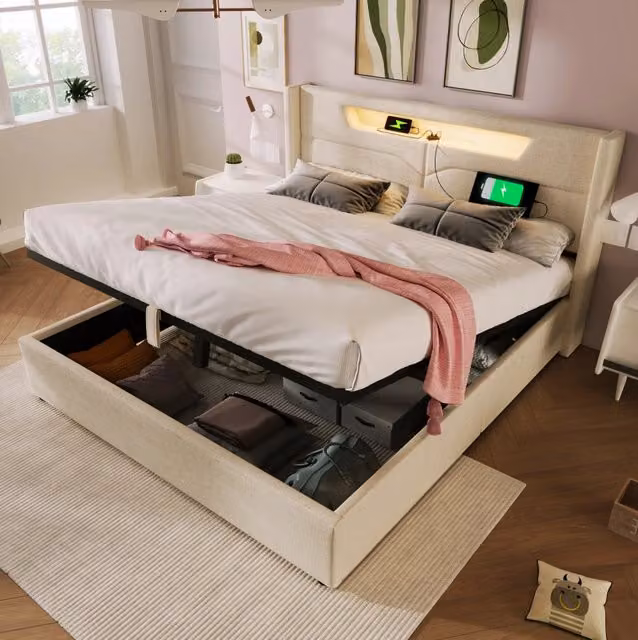Letto matrimoniale ULEVR 140x200 cm contenitore con LED, USB e Type-C, rivestimento in lino beige