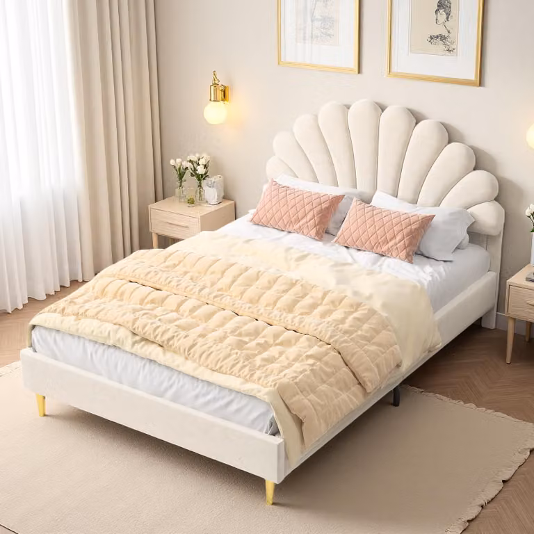 ProximaX Elegante letto matrimoniale 140x200 cm in velluto beige con testata imbottita a forma di fiore - Morbido letto imbottito con struttura robusta e design moderno per camere da letto eleganti