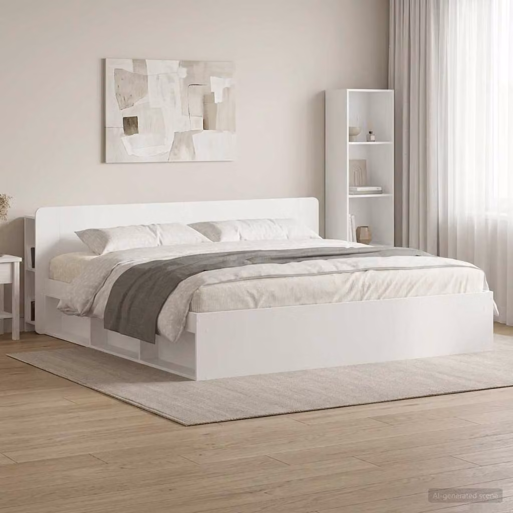 Testata del letto moderna vidaXL in legno ingegnerizzato bianco lucido con ripiani integrati e montaggio a parete L/P/H: 193.5 x 80.0 x 24.49 cm