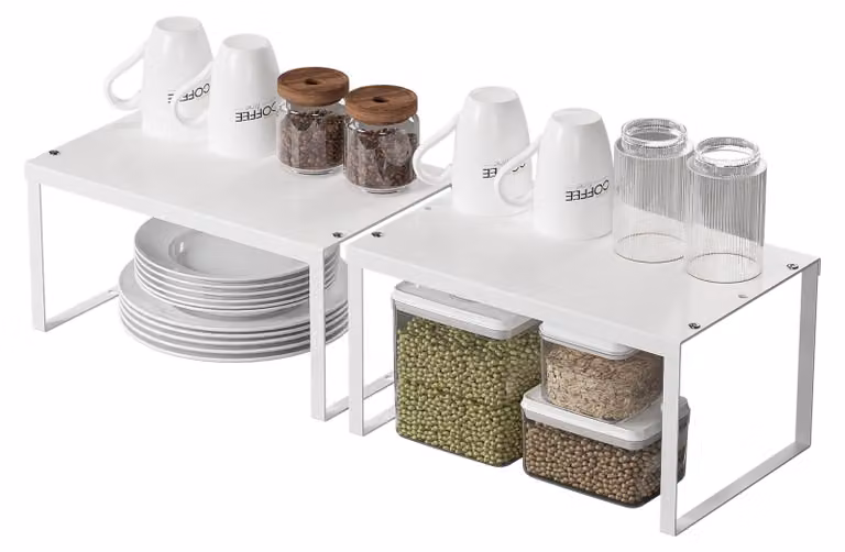Set di 2 organizer per armadietti da cucina: ripiani metallici estensibili e impilabili