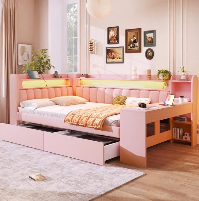 Letto daybed imbottito 140x200 cm rosa con scrivania, 2 cassetti, LED e USB HAVRYA