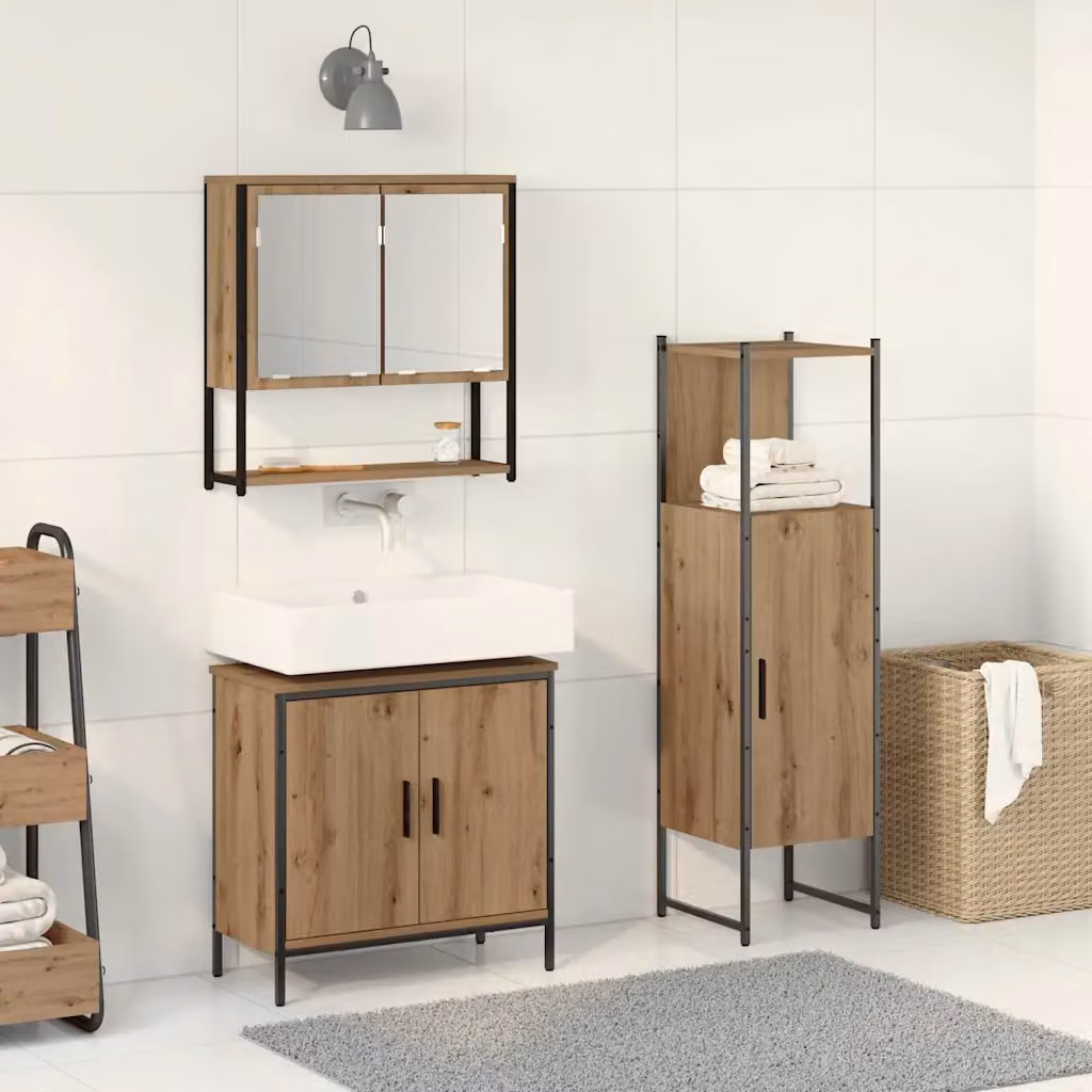 Set di mobili per il bagno vidaXL 3 pezzi Marrone e Nero, composto da armadietto con specchio, mobile lavabo e pensile, H x L x P: 113,5 x 33 x 33 cm