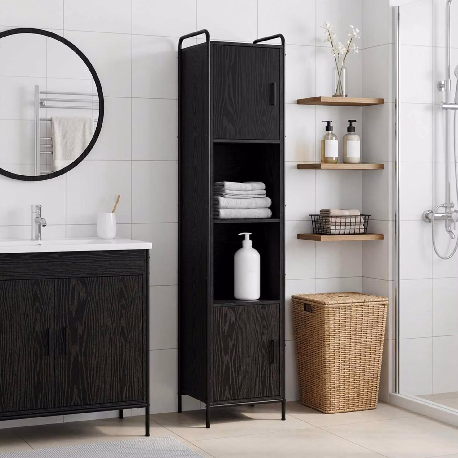 vidaXL Mobile da Bagno Rovere Nero 46 x 36 x 181 cm