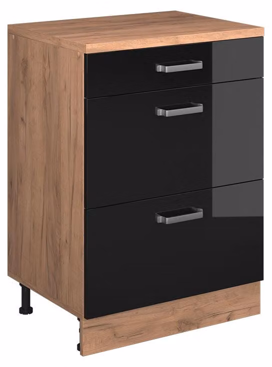 Mobile cucina sottotetto Vicco R-Line Nero lucido 60 cm senza inclinazione con 3 cassetti, Model 61719