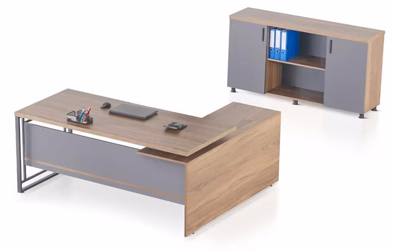 Braun-Graue Arbeitszimmer Garnitur Designer Holz Bürotisch Sideboard