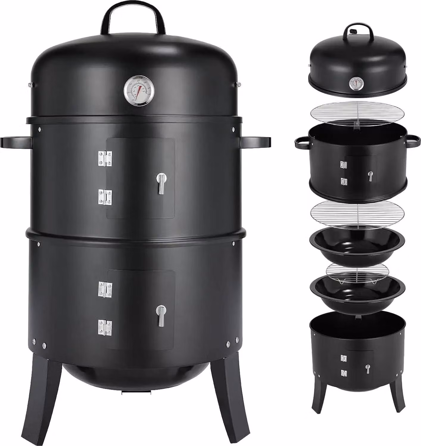 affumicatore verticale a carbonella 3 in 1 Ø45 cm, bianco, robusta struttura a botte, termometro e maniglie per barbecue all'aperto