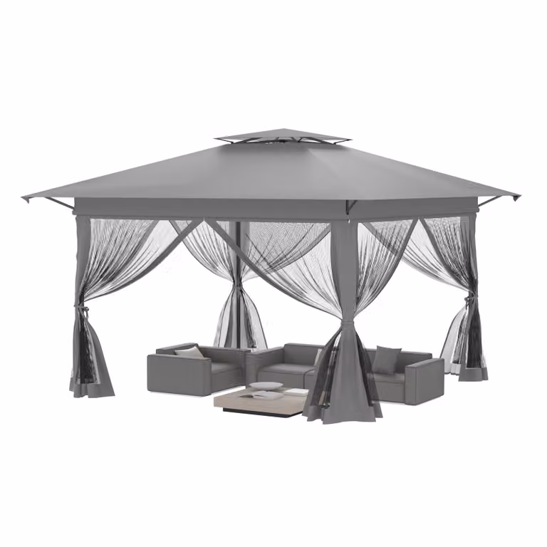 QEENTOE Gazebo pop-up da giardino, 4x4 metri, struttura in metallo con tetto a doppia falda, 4 pannelli laterali con zanzariera, colore grigio, ideale per giardino, feste e bancarelle