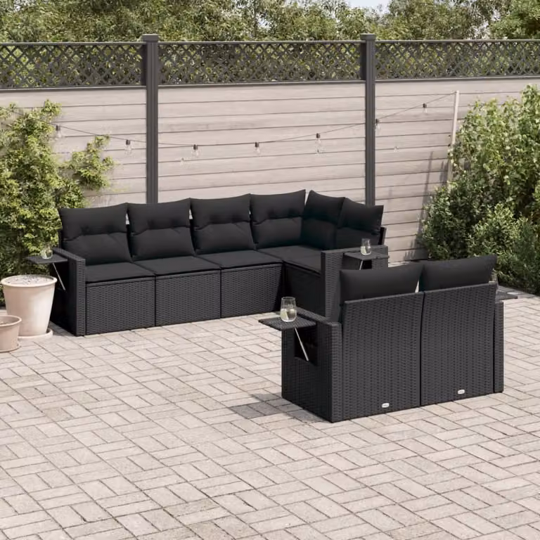 Set Divano da Giardino a L vidaXL con 7 Pezzi e Cuscini Neri in Polyrattan e Acciaio
