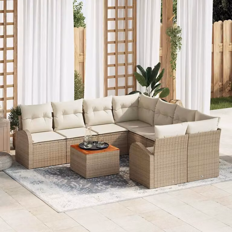 Set Divano da Giardino vidaXL 9 pz in Polyrattan Beige con Cuscini e Tavolino da Caffè