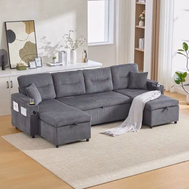 Divano 4 posti 272x136x86 cm con chaise longue doppia e contenitore in velluto a coste grigio carbonio