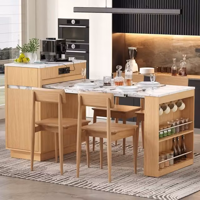 Tavolo da pranzo allungabile con 4 cassetti, ripiani, LED e prese integrate per cucina, naturale, 58 × 80,5 × 94 cm