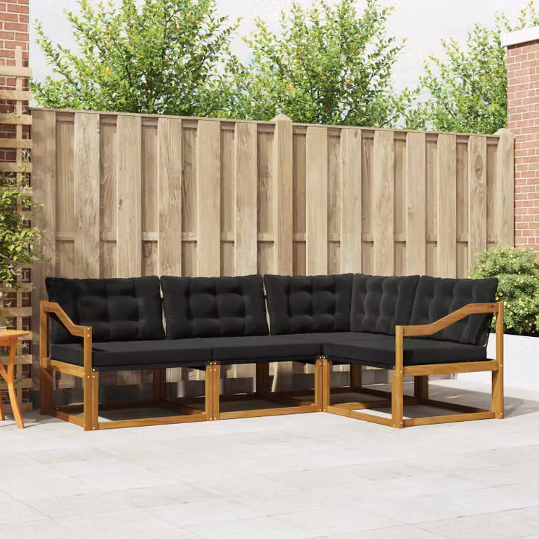 vidaXL Set di divani da esterno a L composto da 4 pezzi in legno di acacia e textilene, colore marrone e nero