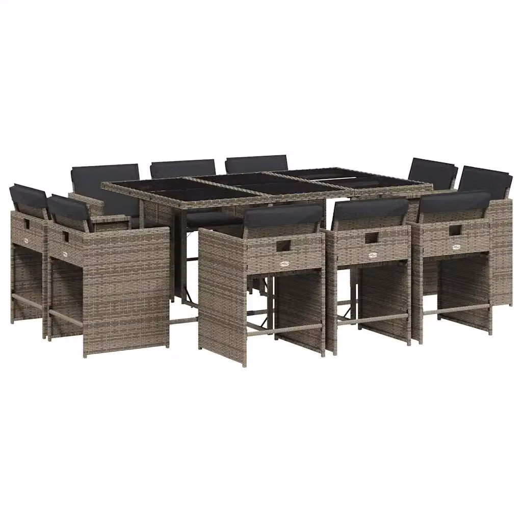 Set da Pranzo da Giardino vidaXL in Polyrattan e Vetro con 11 Pezzi e Cuscini Grigio e Nero – 2