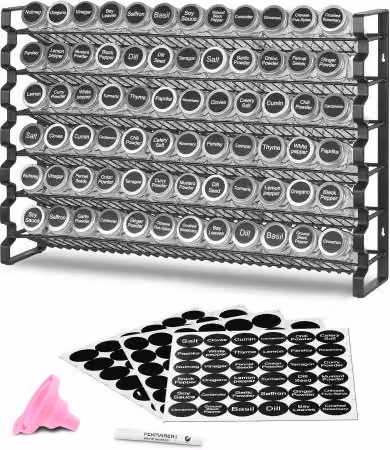 Set completo organizzatore per spezie VEVOR con 72 barattoli in vetro neri, coperchi, etichette e imbuto, L: 59,1 cm, P: 11,8 cm, H: 40,7 cm