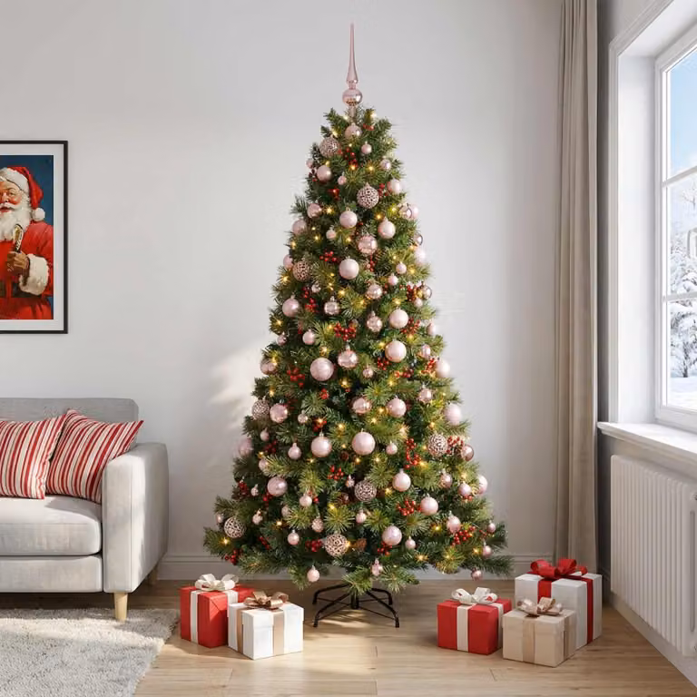 Albero di Natale artificiale verde vidaXL con 300 LED luce bianca calda e decorazioni, Altezza: 180 cm