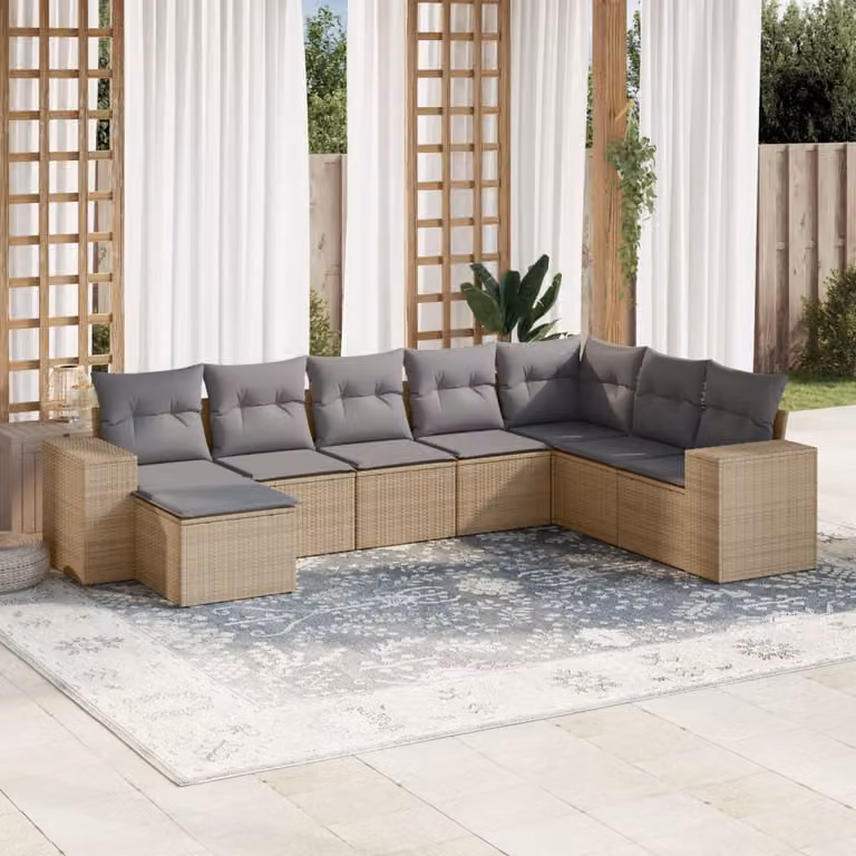 vidaXL Set Divano da Giardino a L 8 pz con Cuscini Beige e Ottoman in Polyrattan e Acciaio