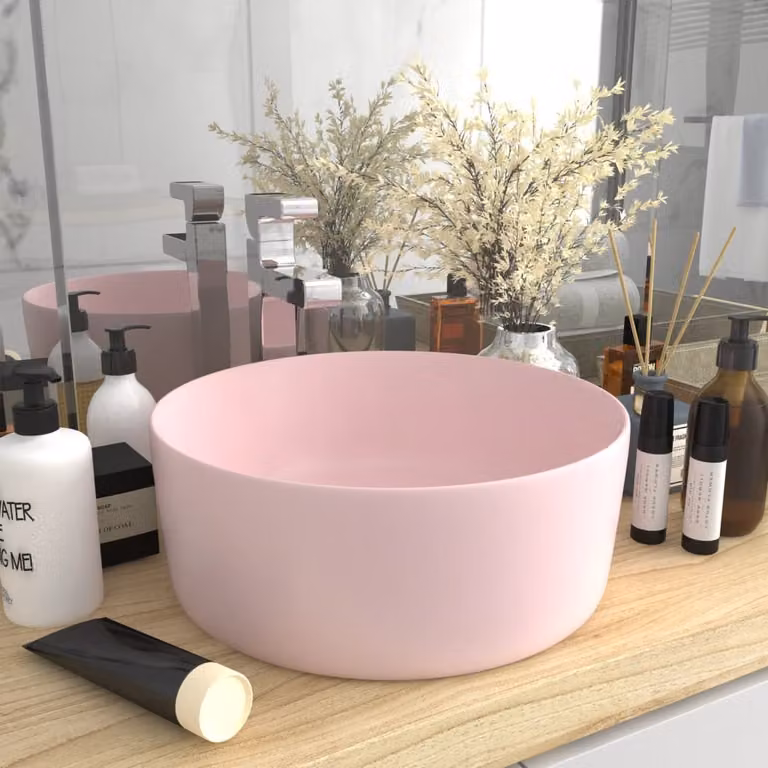 The Living Store Lussuoso lavabo rotondo rosa opaco 40x15 cm in Vetroceramica