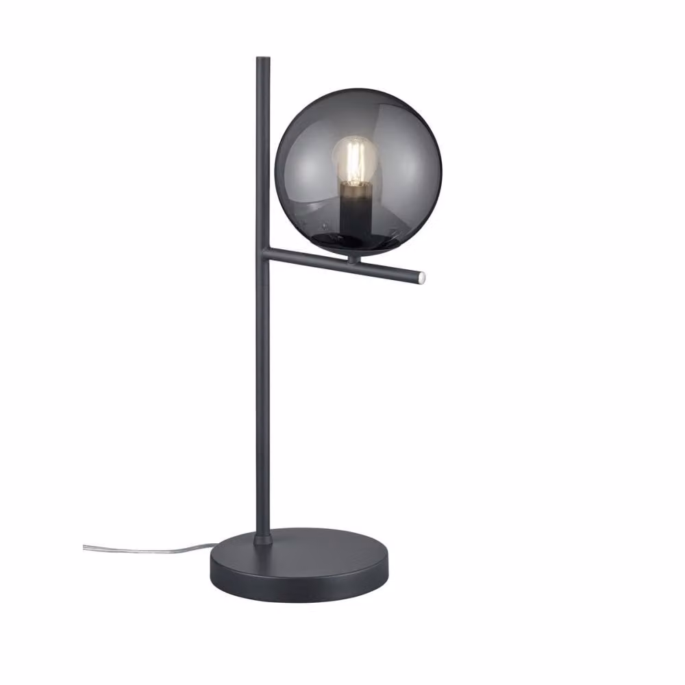 Lampada da comodino di design, antracite, con paralume sferico in vetro fumé, per la camera da letto