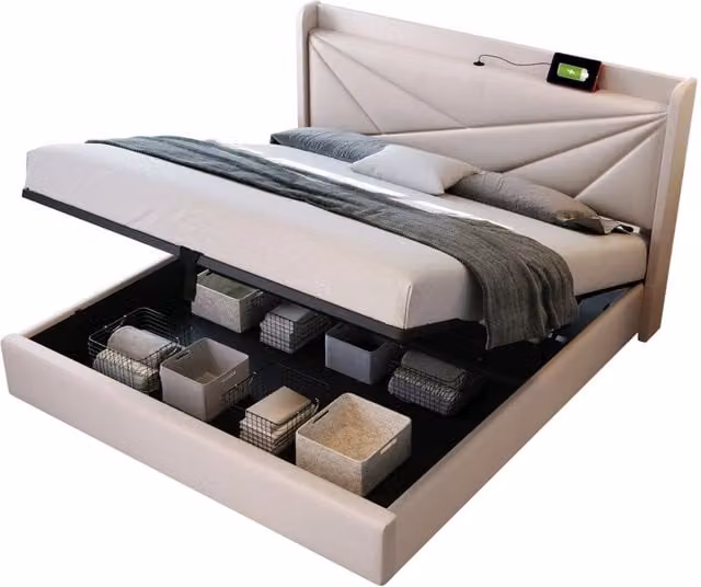 Letto Matrimoniale Contenitore 140x200 Imbottito Beige con Testiera Geometrica e Ricarica USB/Type-C