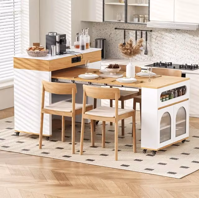 Isola cucina bianca con piano allungabile, cassetto e prese elettriche, tavolo da pranzo con vetro scanalato naturale