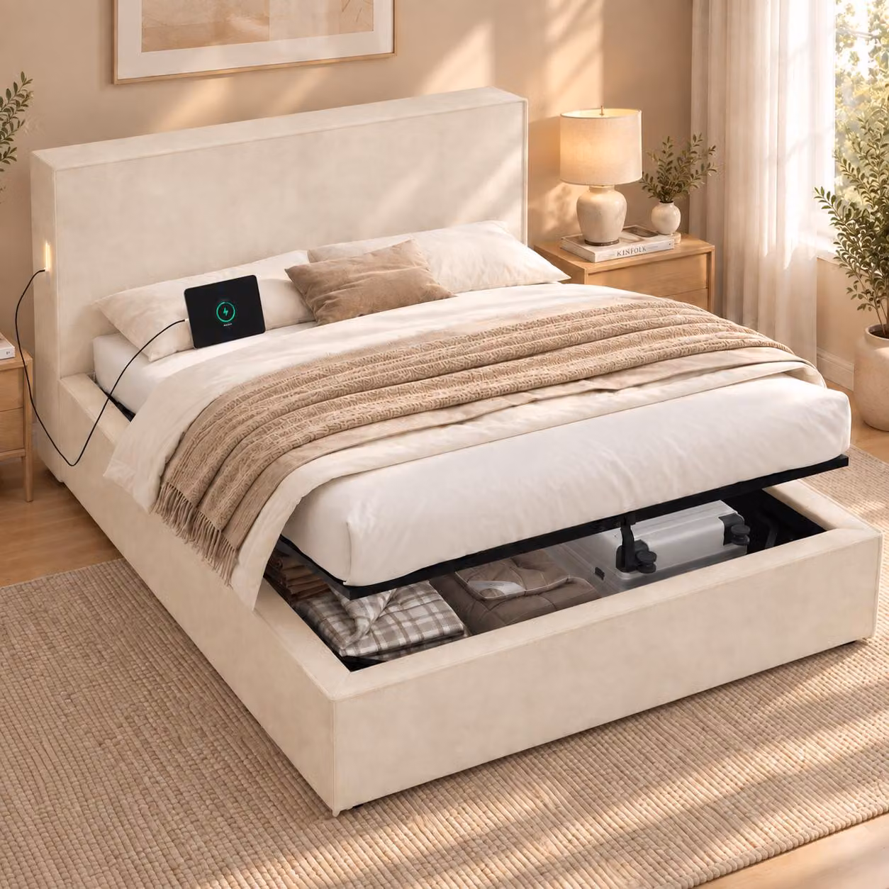 Letto imbottito 120 x 200 cm con spazio contenitore a sollevamento idraulico, rete a doghe e testiera imbottita, rivestito in chenille, capacità di carico fino a 300 kg, colore beige