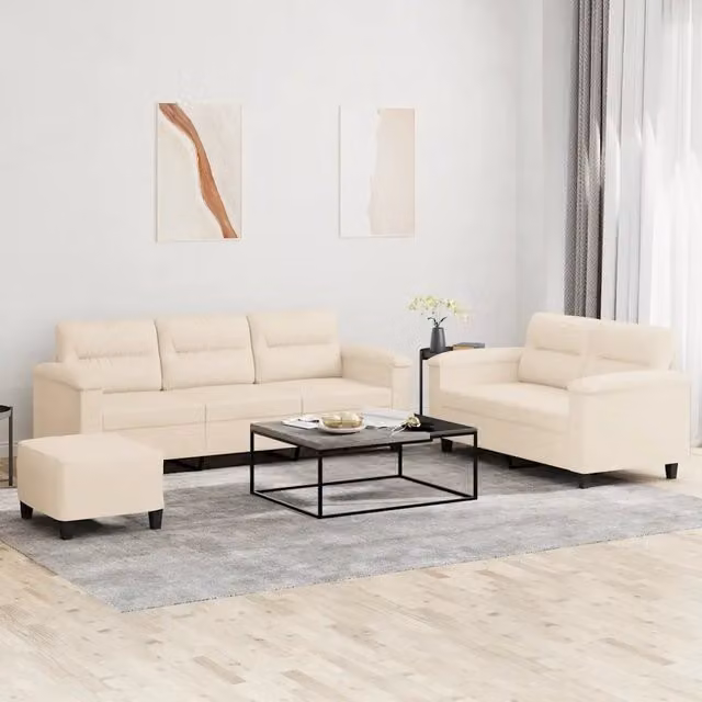 Set di Divani Moderno vidaXL in Microfibra Beige con Pouf e Cuscini per Soggiorno