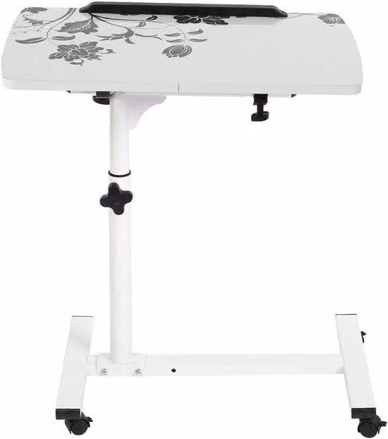 Tavolino accessorio con rotelle, bianco, regolabile in altezza, con ripiano per laptop.