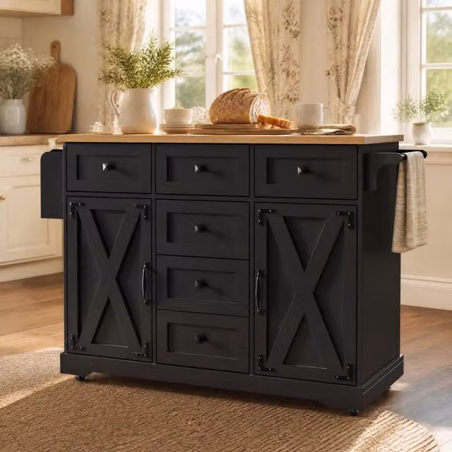 Isola da cucina pieghevole multifunzione in MDF e metallo; nera; 147x70x93 cm