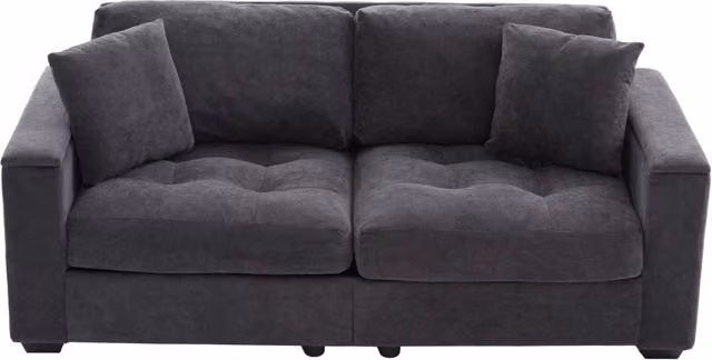 Divano 2 posti moderno in chenille grigio scuro con contenitore nelle braccioli e cuscini morbidi