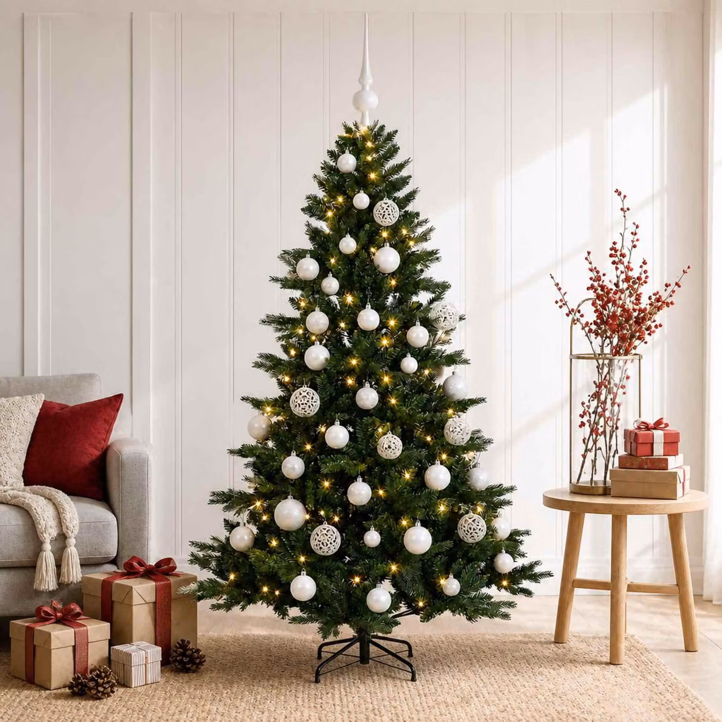 Albero di Natale artificiale con decorazioni a forma di sfera natalizia, altezza 120 cm, con 150 luci a LED