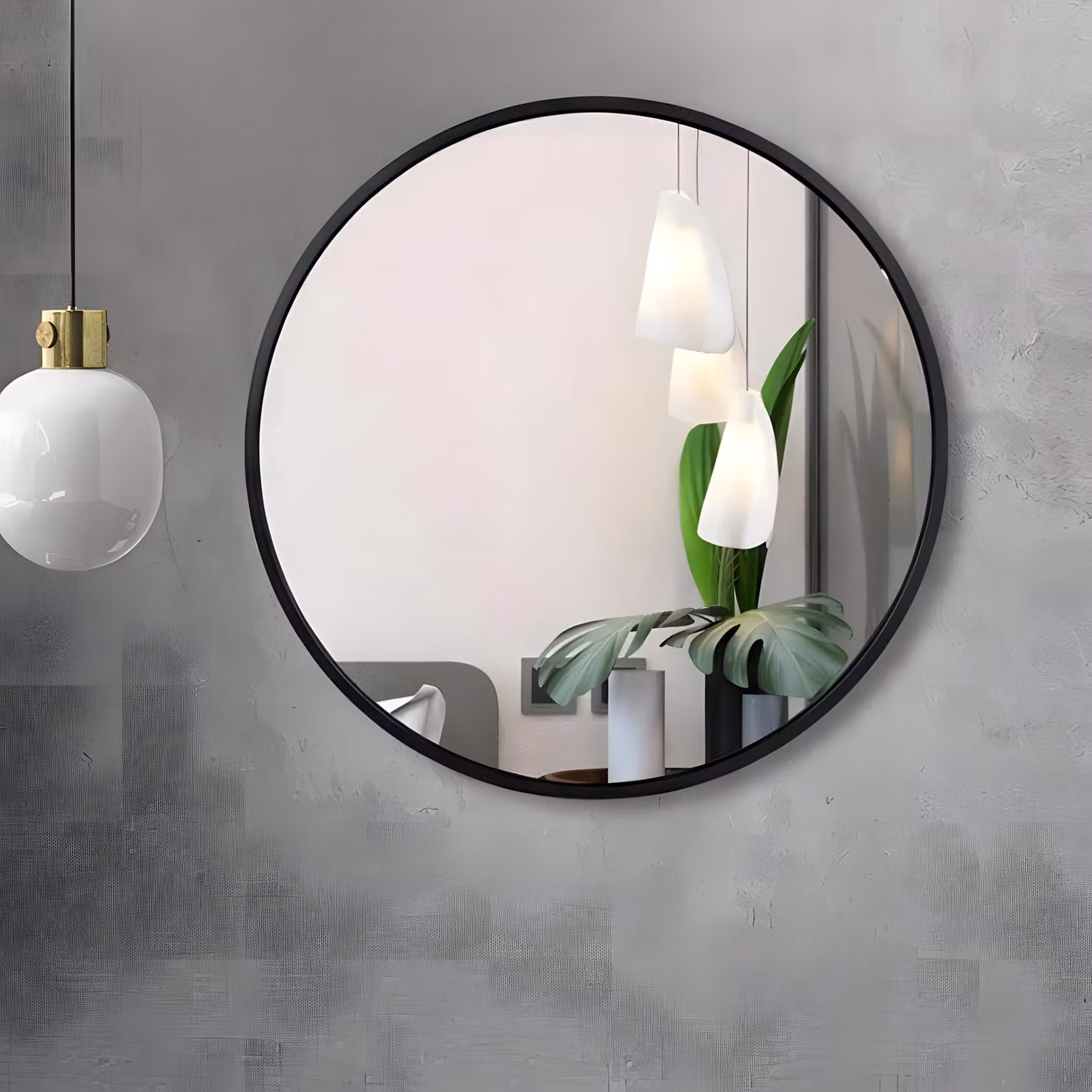 Specchio da parete rotondo in stile loft con elegante cornice nera