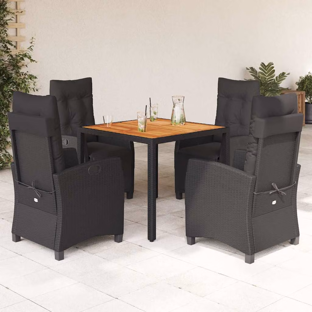 Set da Pranzo da Giardino vidaXL in Polyrattan e Legno di Acacia Nero con 5 Pezzi e Cuscini