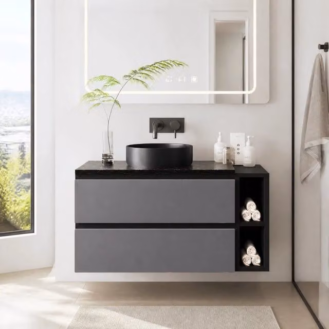 Mobile bagno con lavabo in ceramica, piano in marmo, cassetti, MDF nero/grigio
