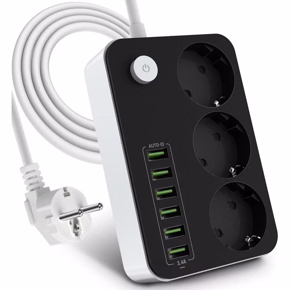 Ciabatta multipresa a 3 prese, con 6 porte USB, spina piatta e interruttore